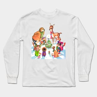 Happy animals celebrate Christmas night around the pine tree and its bright star Retro Vintage Comic Cartoons Long Sleeve T-Shirt